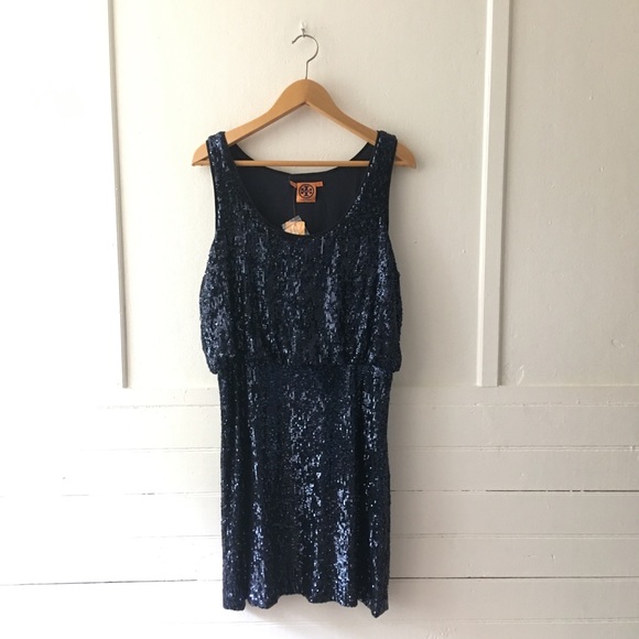NEW NWT Tory Burch Alton Sequined Belted Navy Sleeveless Party Dress - Picture 6 of 9